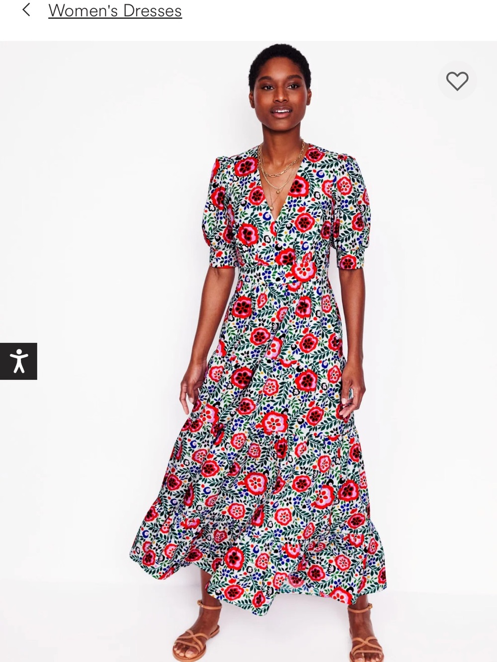 Boden Red and Green Floral V-Neck Puff-Sleeve Maxi Dress